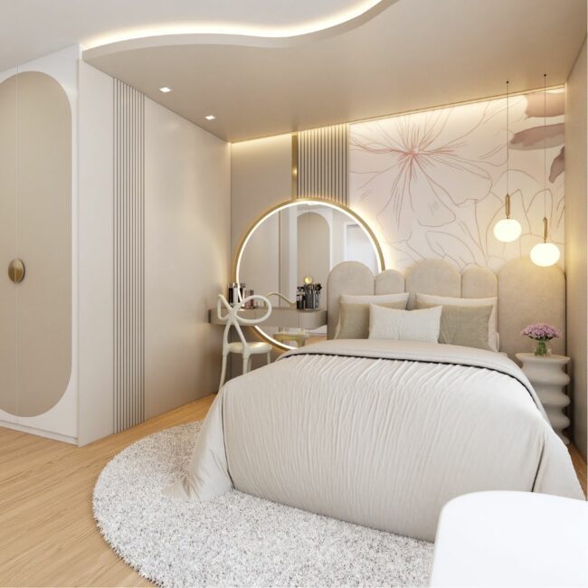 Bedroom with a single bed, light tones, with a small desk next to it, in front of a round mirror. interior studio