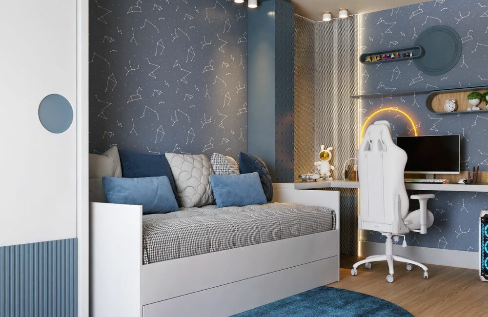 Children's room with bed, wardrobe on the left and desk on the right, with chair. Gray walls with backlighting. Blue carpet on the floor. interior decorating